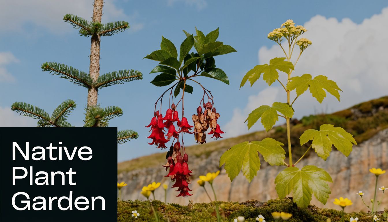 A close up view of various native plants including a tree, hanging red flowers and yellow blooms.