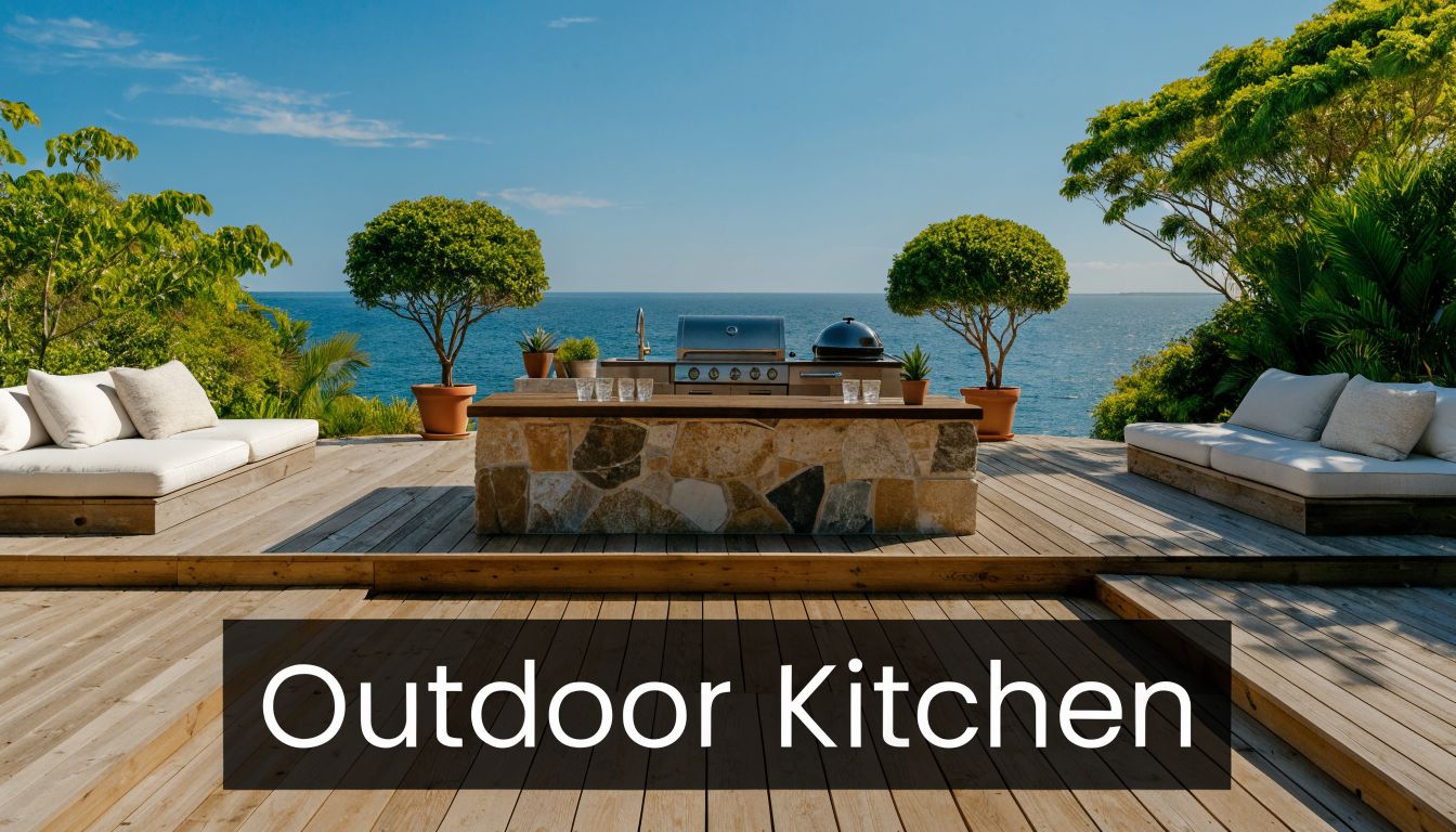 A luxurious outdoor kitchen area on a wooden deck overlooking the ocean with comfortable lounge seating.