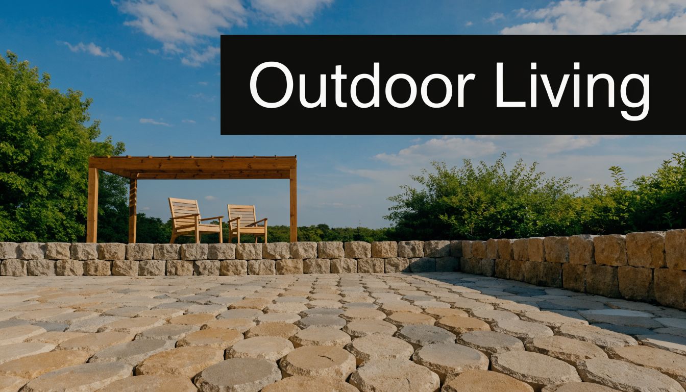 Two wooden chairs under a pergola on a stone patio in a landscaped backyard setting.