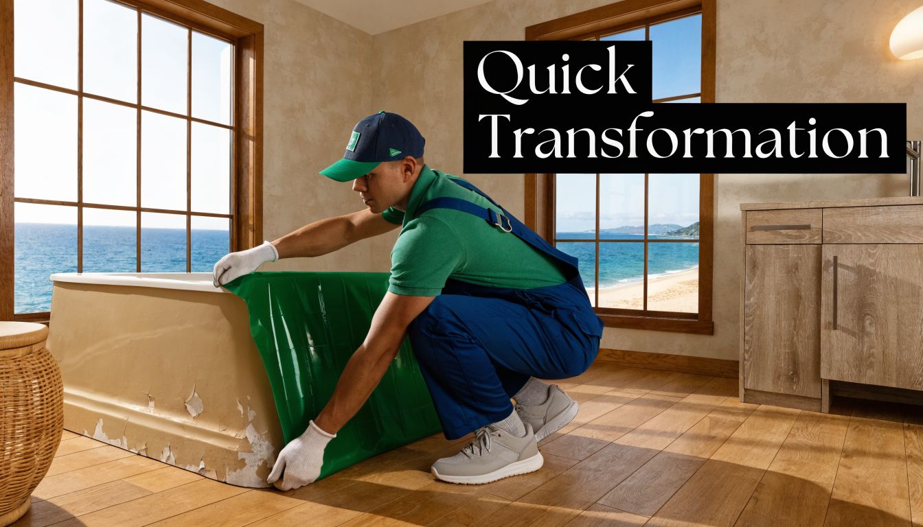 A professional technician in a green uniform and cap applies a green cover to a bathtub.