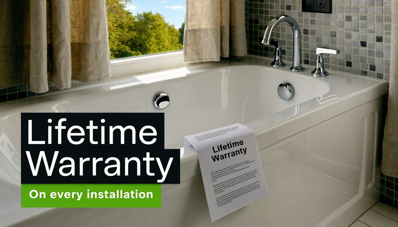 A bathtub installation with a Lifetime Warranty notice placed on the ledge, promoting reliable bathroom remodeling services.
