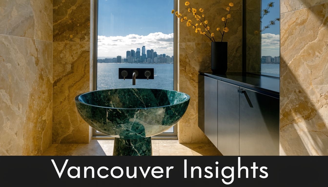 A luxurious marble bathroom featuring a green stone basin, modern fixtures, and a scenic city skyline view.