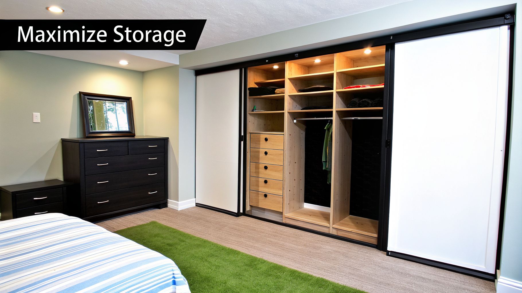 A modern basement bedroom with a dark dresser, matching nightstand, and a custom built-in closet with sliding doors, offering ample storage.