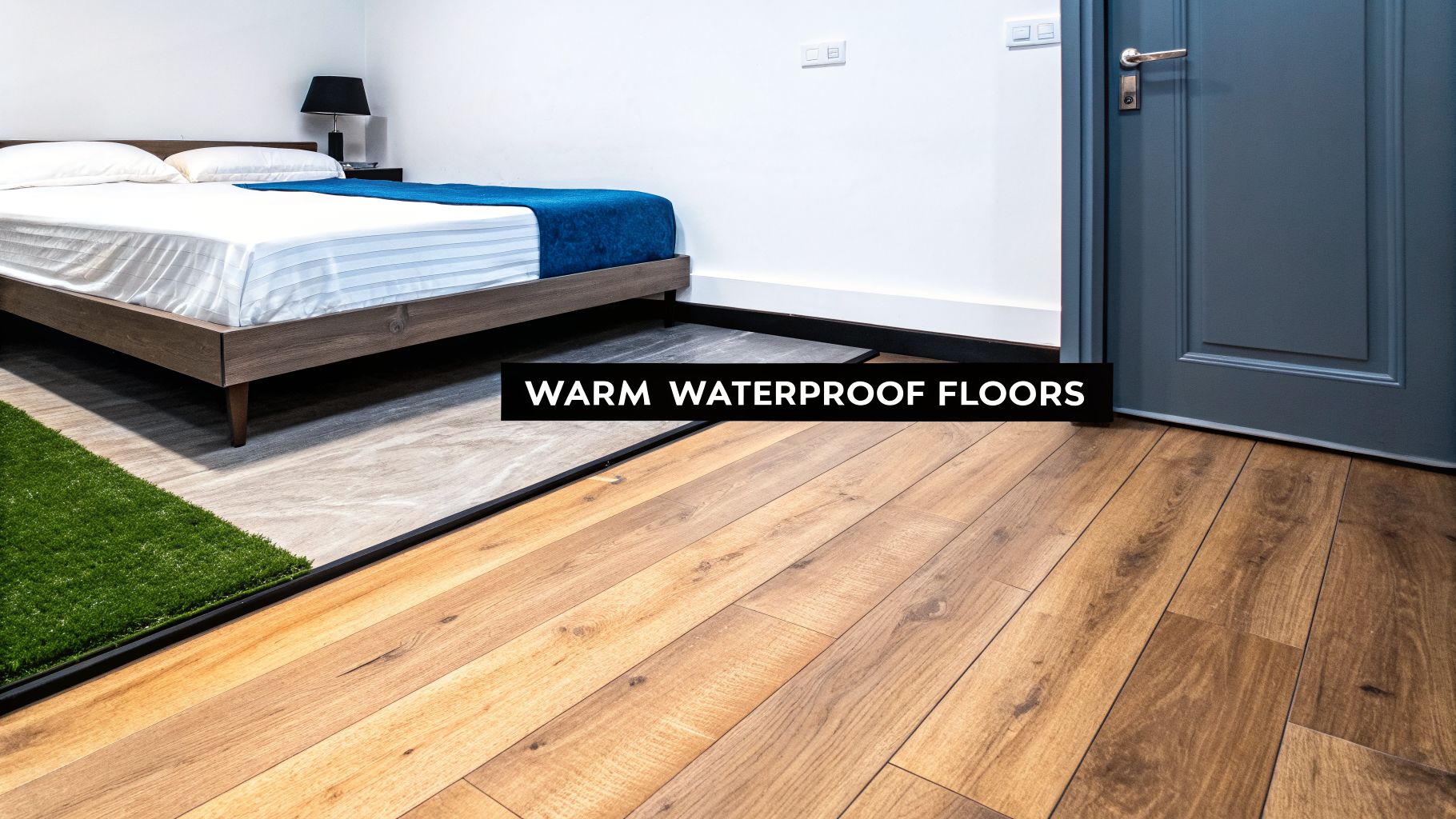 A modern bedroom with a bed, blue throw, and diverse flooring, including warm wooden planks and artificial grass.