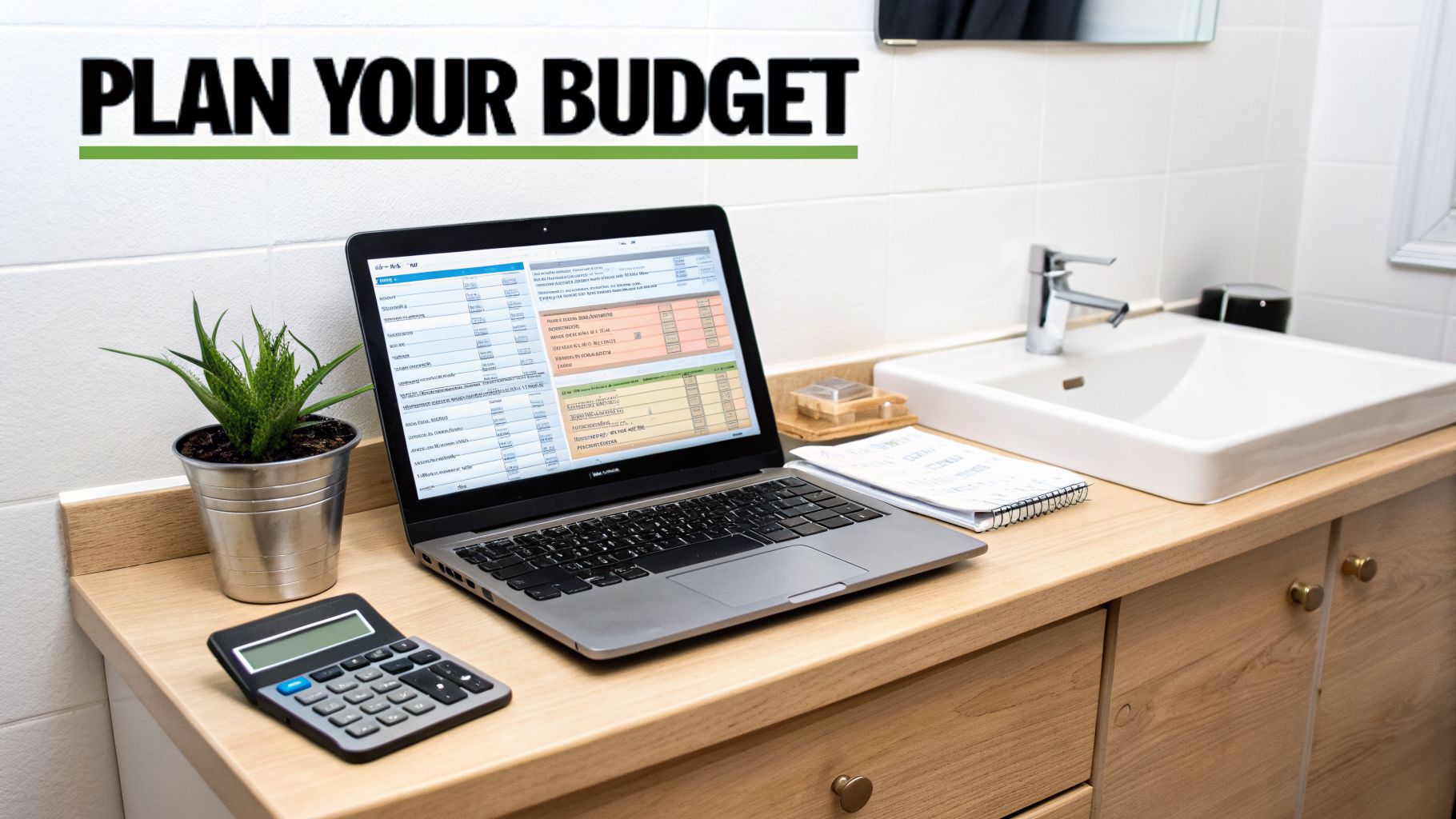 A laptop showing a budget spreadsheet, a calculator, and a plant on a bathroom counter. Text: Plan Your Budget.