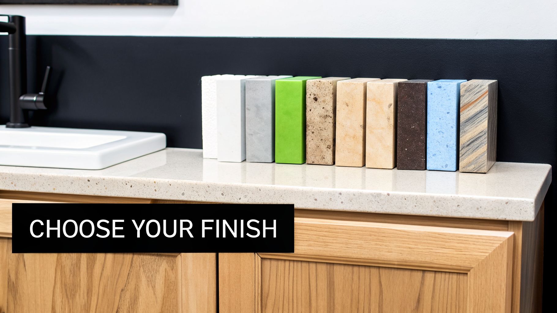 Display of various material finish samples on a quartz countertop with wooden cabinets.