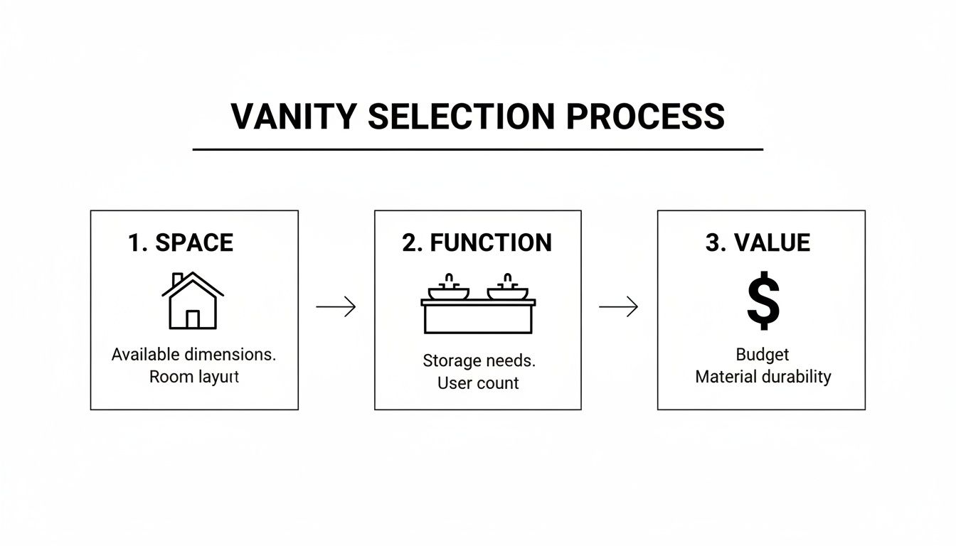 A diagram outlining the three-step vanity selection process: space, function, and value.
