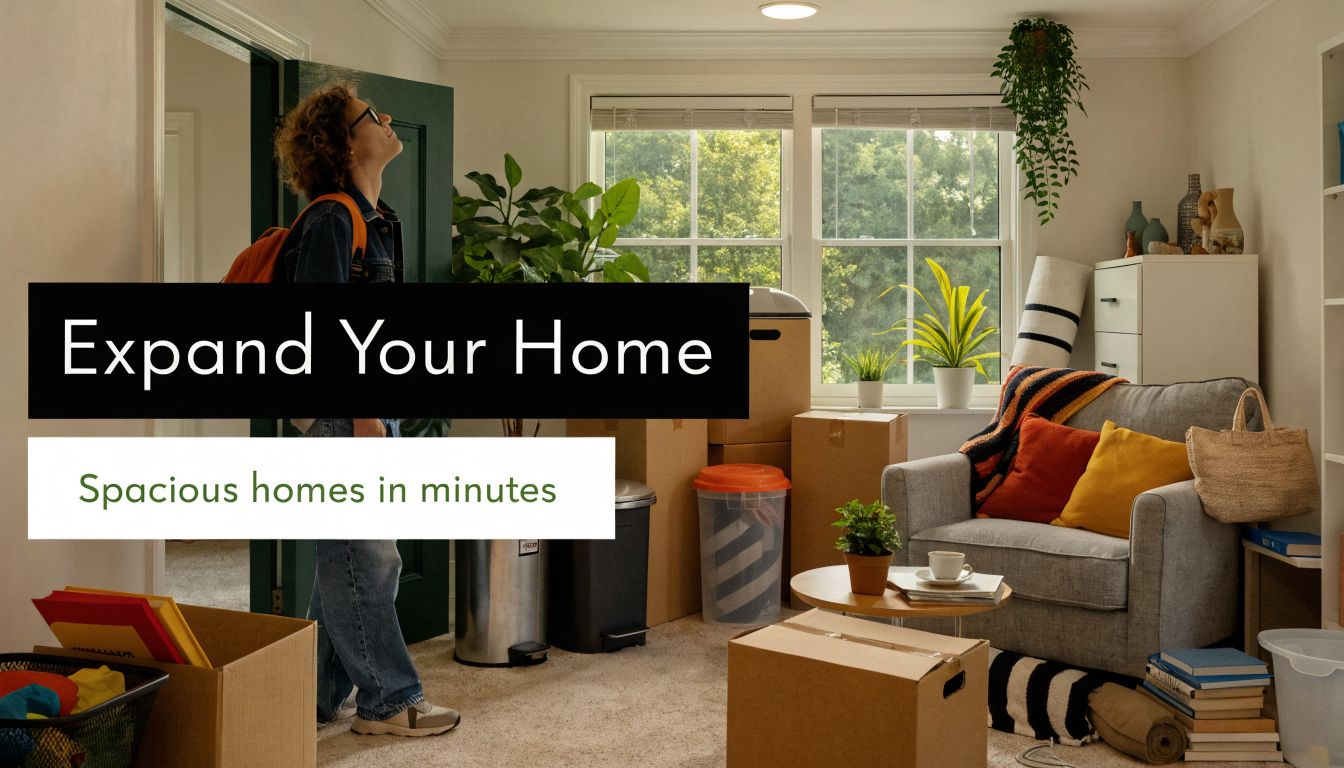 A person standing in a room full of moving boxes with a sign saying Expand Your Home.