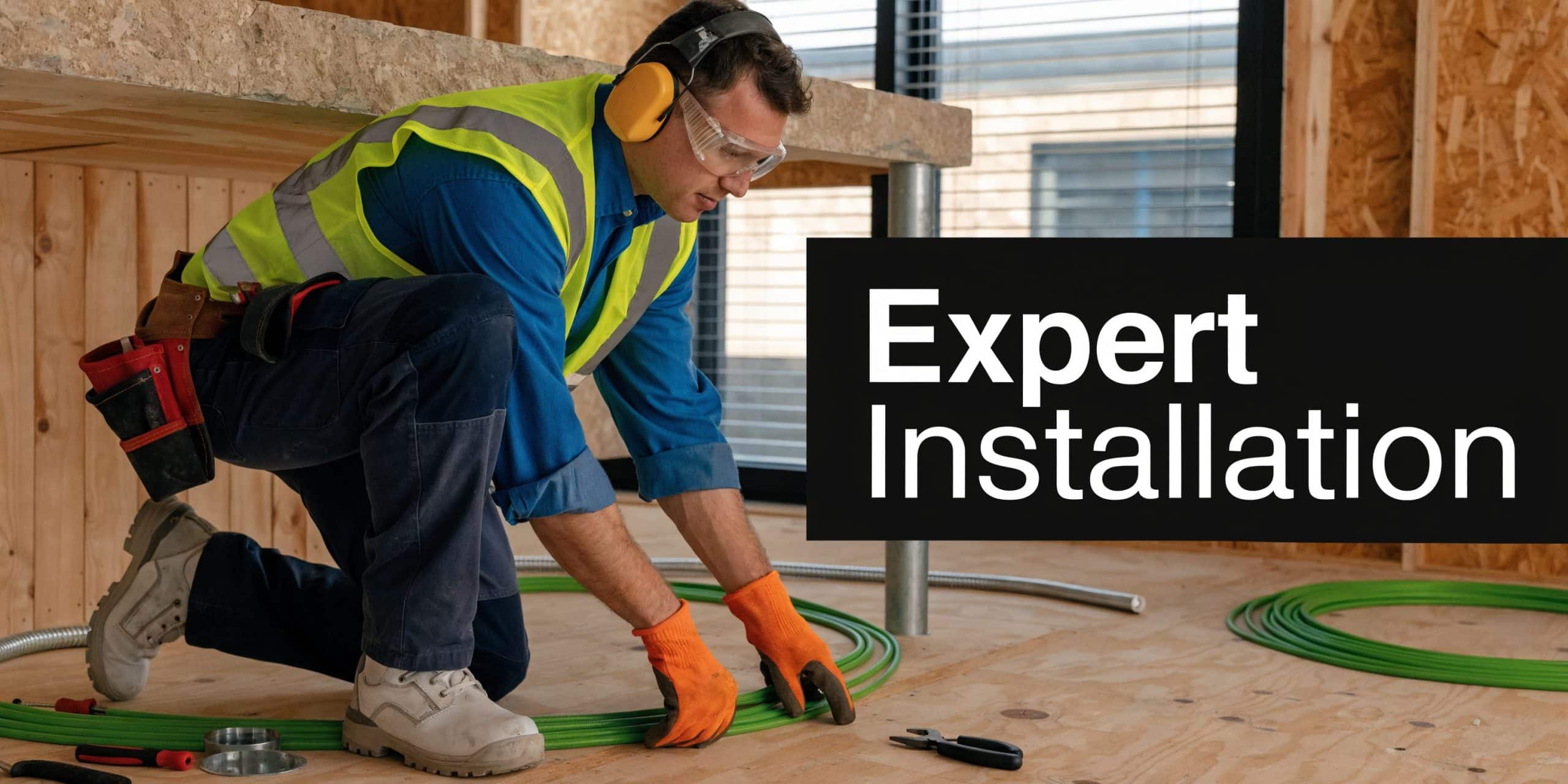 A professional construction worker wearing safety gear installing heated floor tubing on a wooden plywood surface.