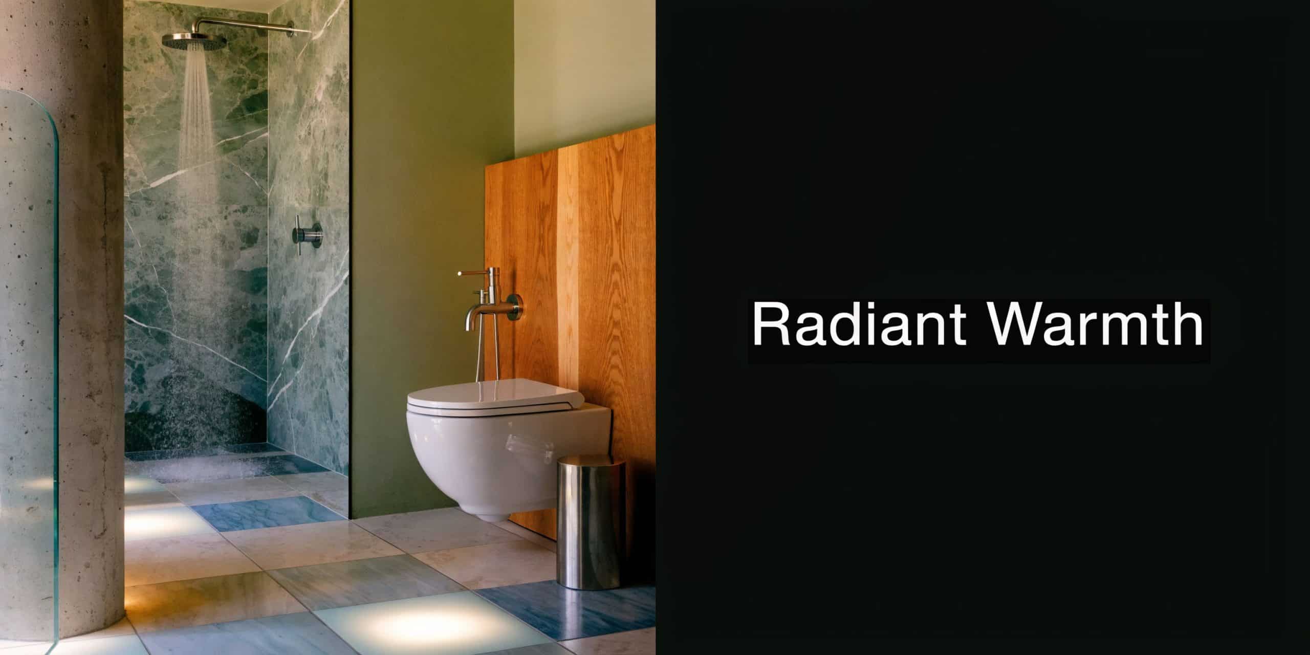 A modern bathroom featuring a floating toilet, illuminated floor tiles, and a walk-in green marble shower.