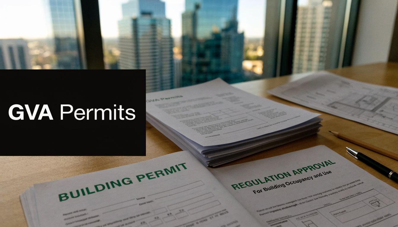 A stack of building permits and regulation approval documents lying on an office desk near a window.