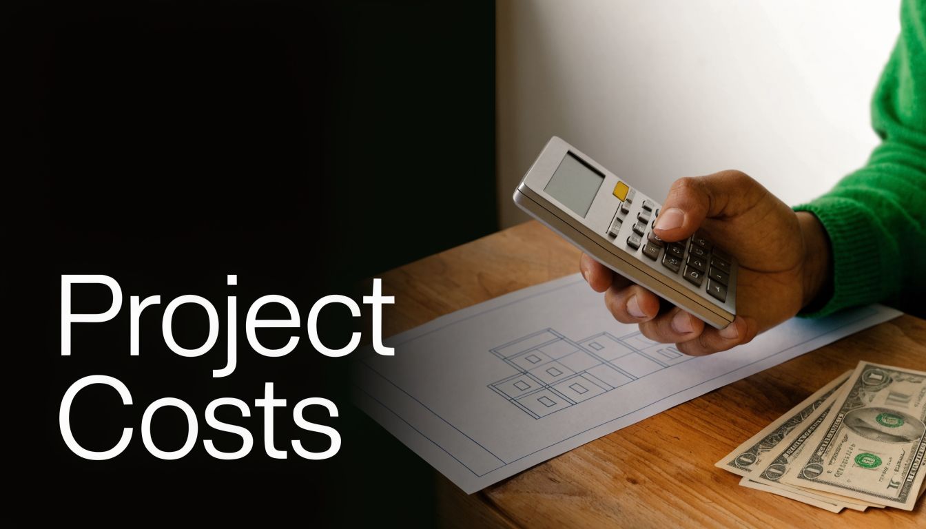 A person using a calculator to estimate project costs for a architectural drawing on a wooden table.