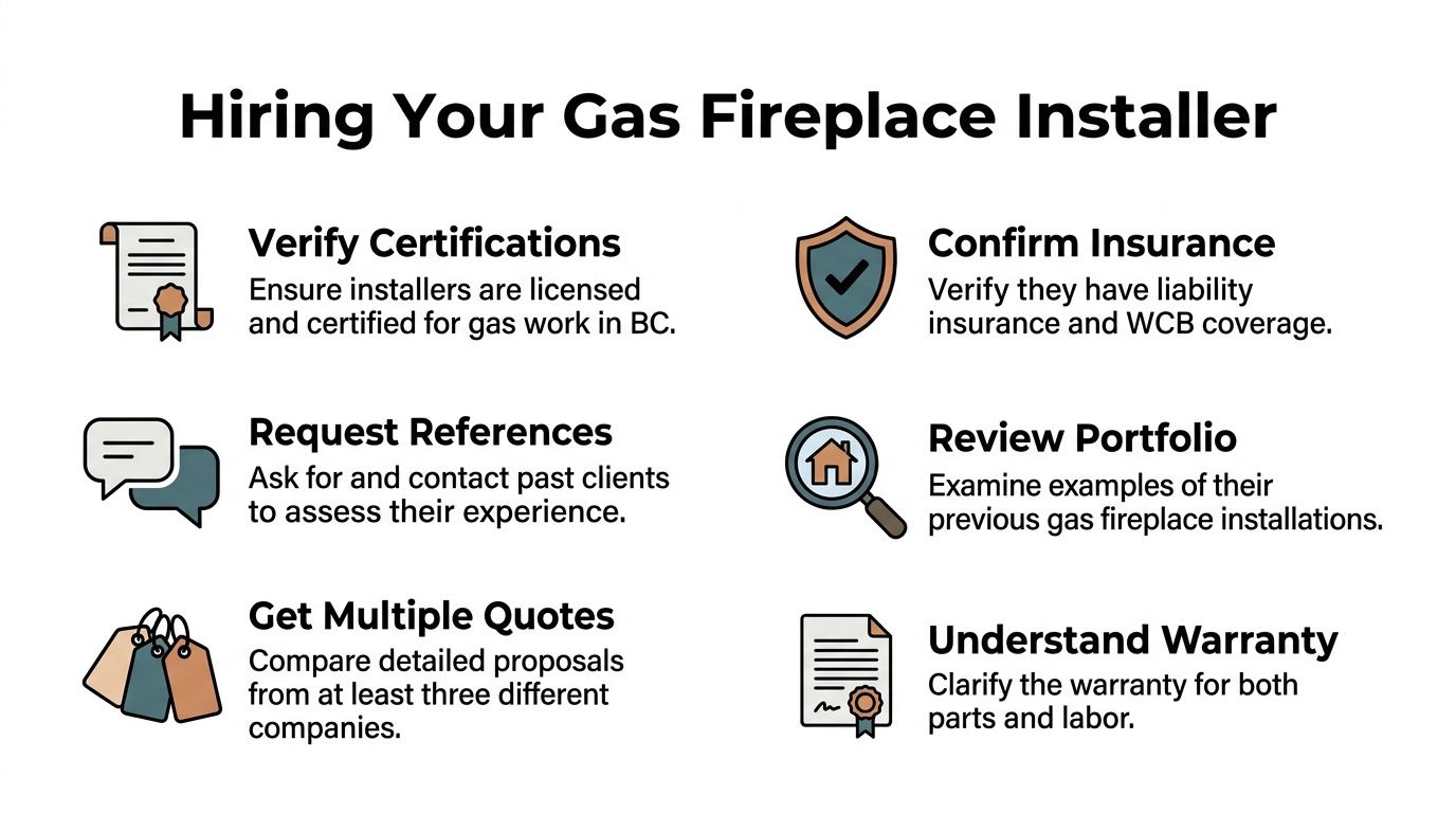 A checklist for hiring a professional gas fireplace installer, highlighting key safety and verification steps.