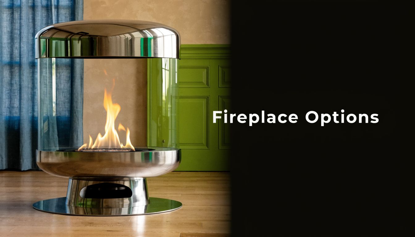 A modern, cylindrical stainless steel fireplace with a visible flame stands in a brightly lit room.