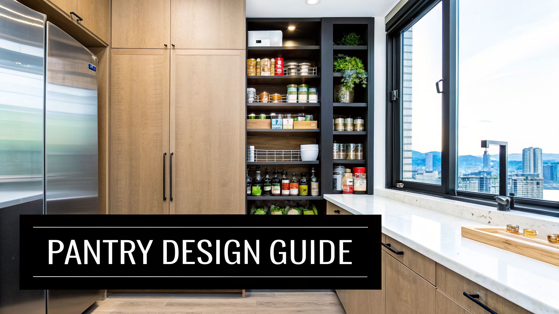 Modern kitchen pantry featuring light wood cabinetry, open dark shelves with food items, a refrigerator, and city view.