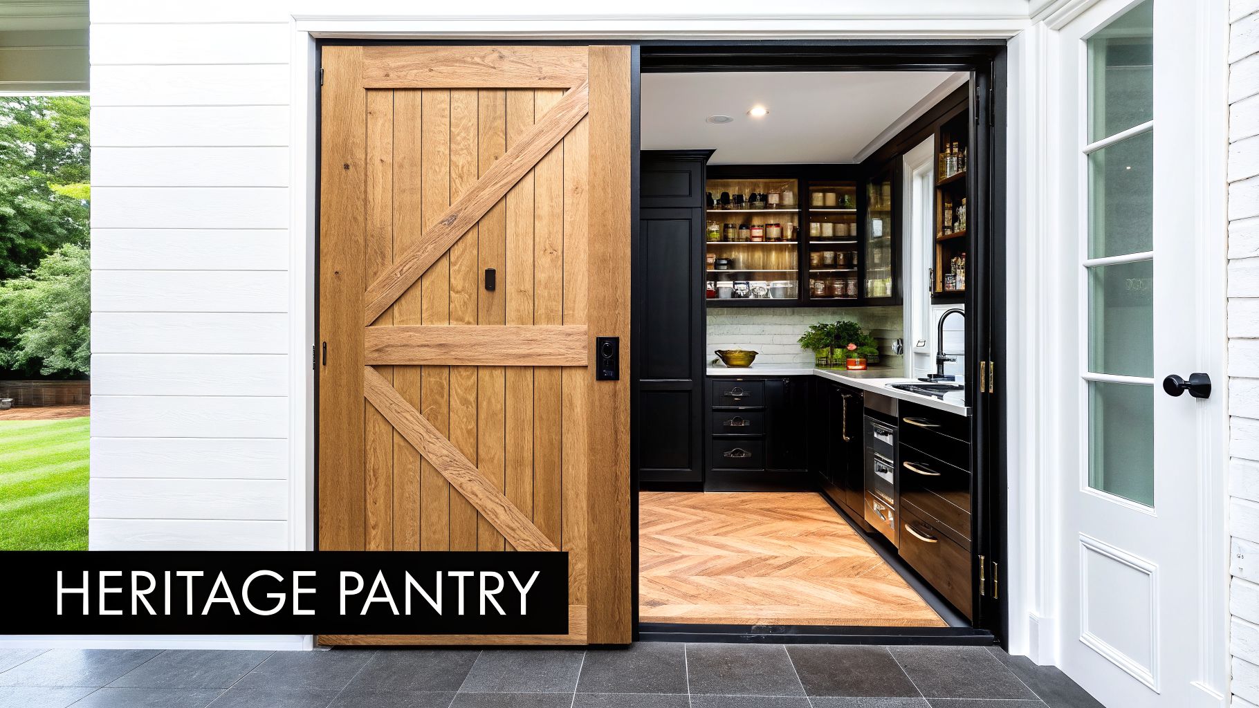 A stylish kitchen pantry featuring black cabinetry, herringbone wood floor, and a partially open wooden barn door.