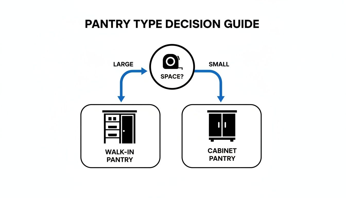 Flowchart guiding pantry type selection. Large space suggests a walk-in pantry, while small space points to a cabinet pantry.