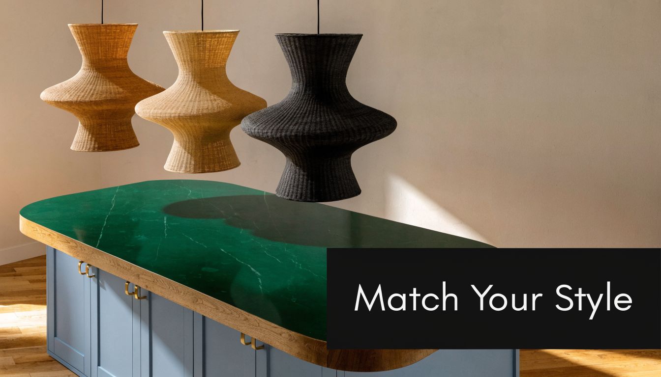 A modern kitchen island with a green stone countertop features three woven pendant lights hanging above it.