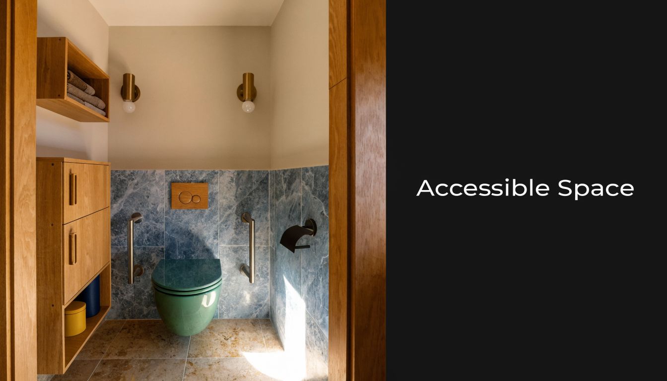 A modern accessible powder room with marble tiles, wooden storage units, and a green wall-hung toilet.