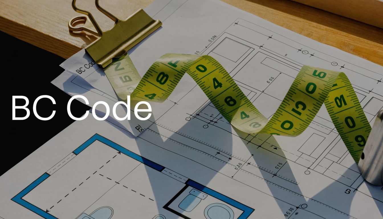 A yellow measuring tape rests on top of a technical blueprint with the text BC Code overlaid.