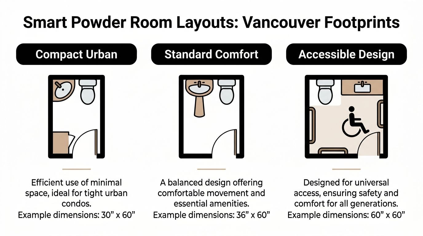 A diagram illustrating three smart powder room floor plans with varying layouts and their required dimensions.