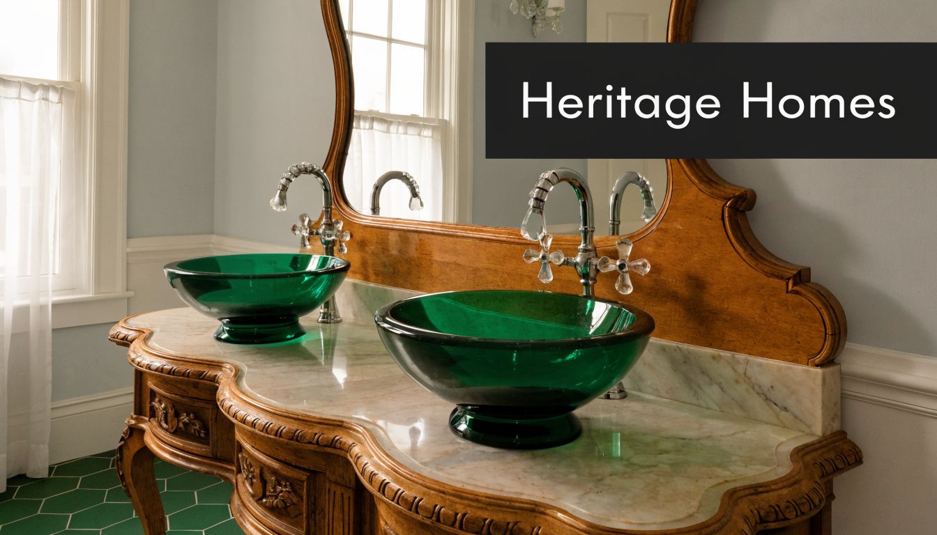 A luxurious vintage wooden vanity with two green glass vessel sinks in an elegant powder room.