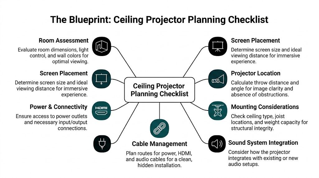 A comprehensive infographic outlining the essential steps for planning a successful ceiling projector installation setup.