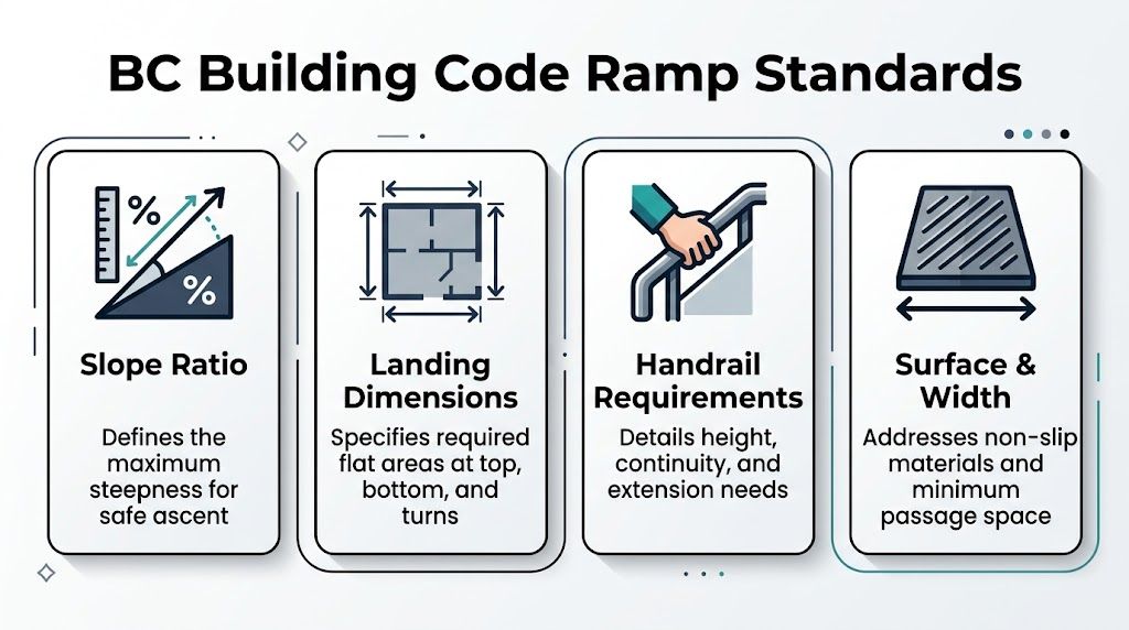 An infographic titled BC Building Code Ramp Standards highlighting slope ratio, landing dimensions, handrails, and surface width.