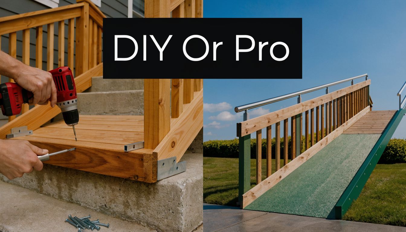 A split image contrasting a person installing wooden stairs with a finished wheelchair ramp for accessibility.