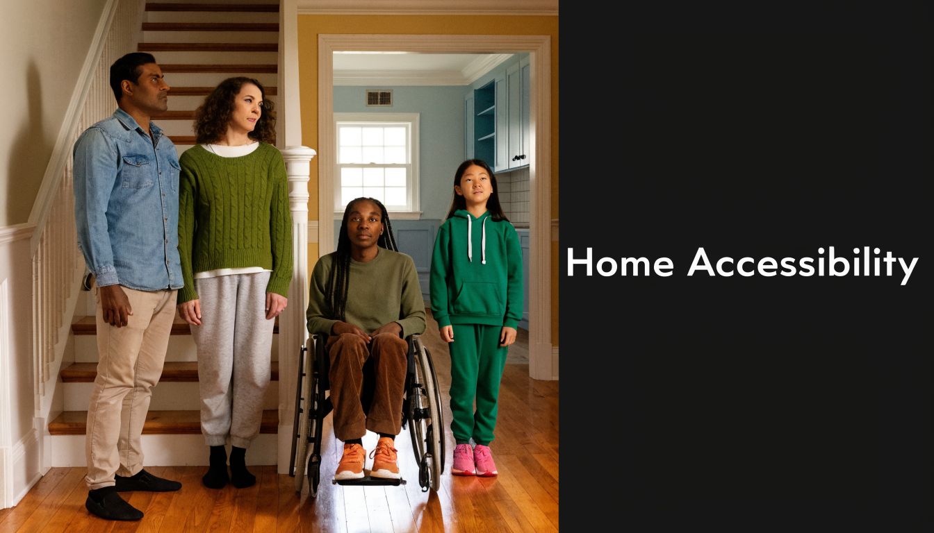 A diverse group of four people standing together in a home, representing the concept of home accessibility.