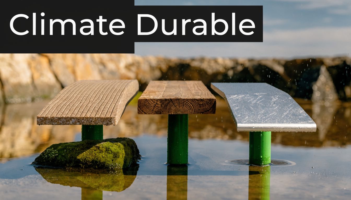 Three different material ramps standing in shallow water, illustrating environmental durability and outdoor construction material testing.