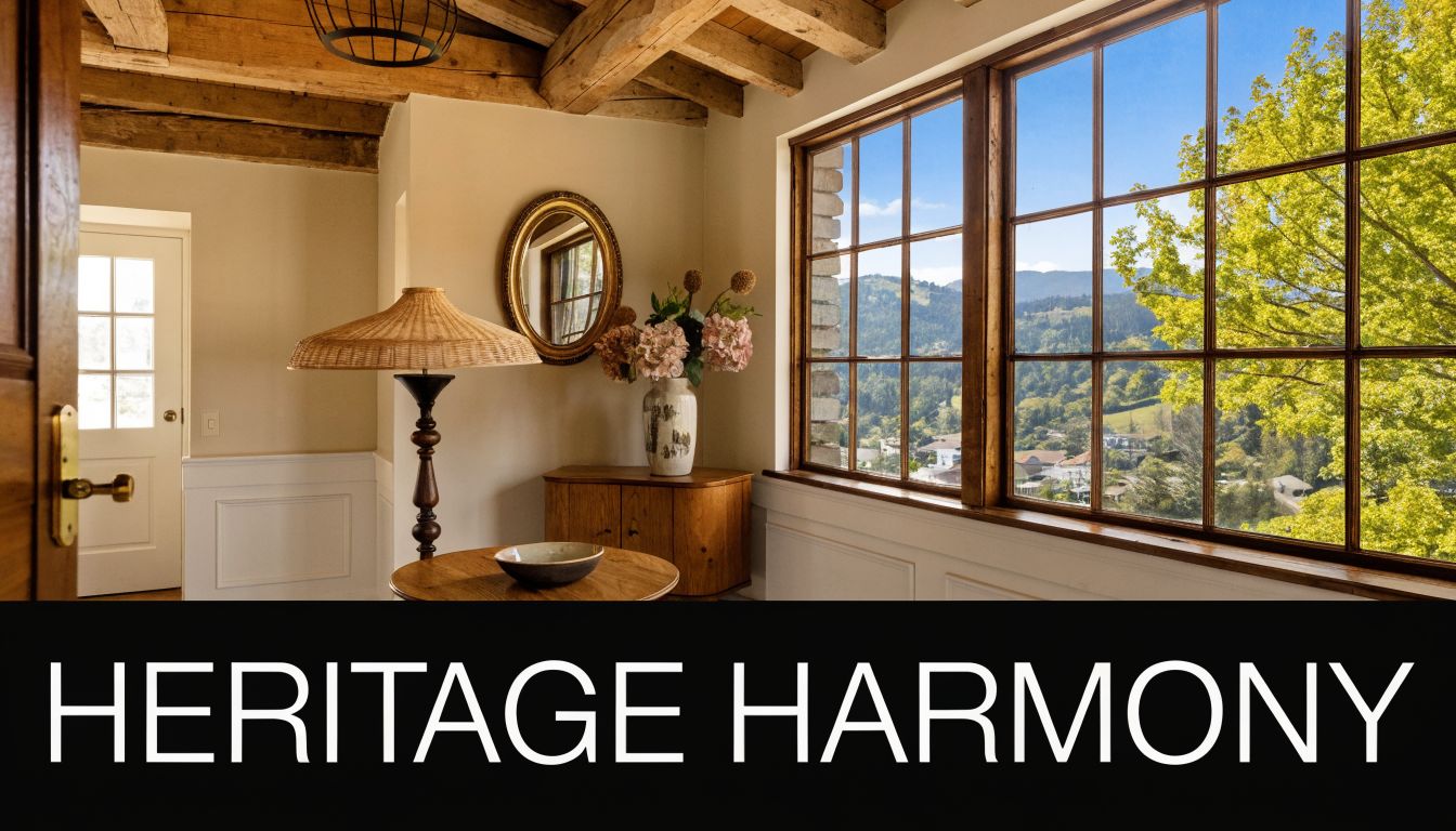 A rustic-styled room featuring wooden ceiling beams, a round table, lamp, mirror, and scenic window views.