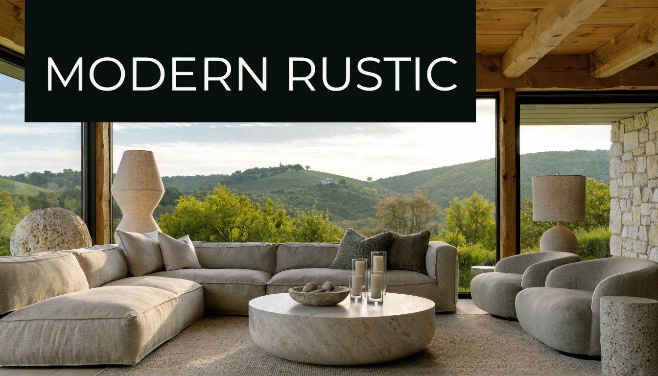 A modern rustic living room with a large beige sectional sofa, circular stone coffee table, and scenic mountain view.