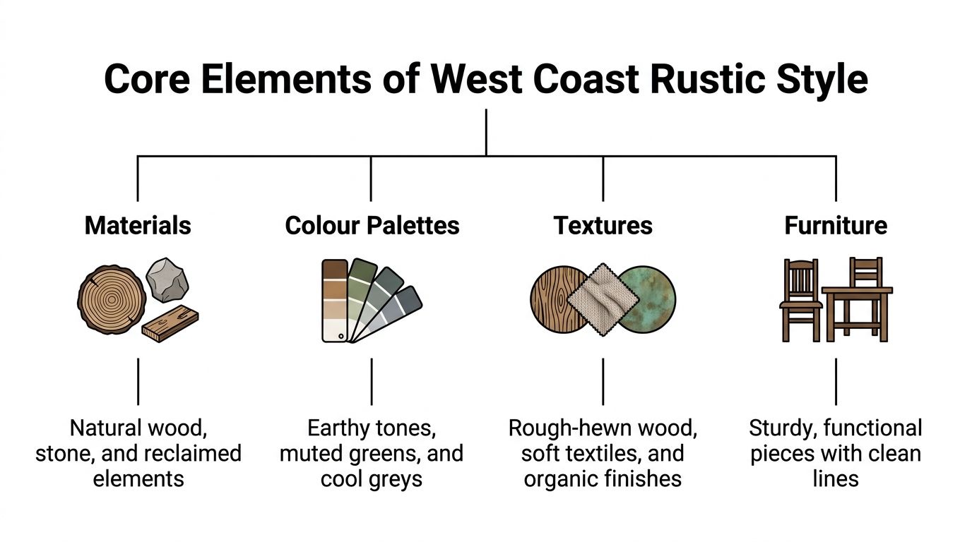 A diagram outlining the four core elements of West Coast rustic style: materials, color palettes, textures, and furniture.