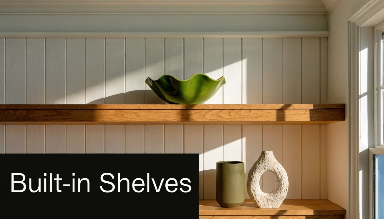 A modern shiplap wall with two wooden shelves displaying a green decorative bowl and ceramic vases.