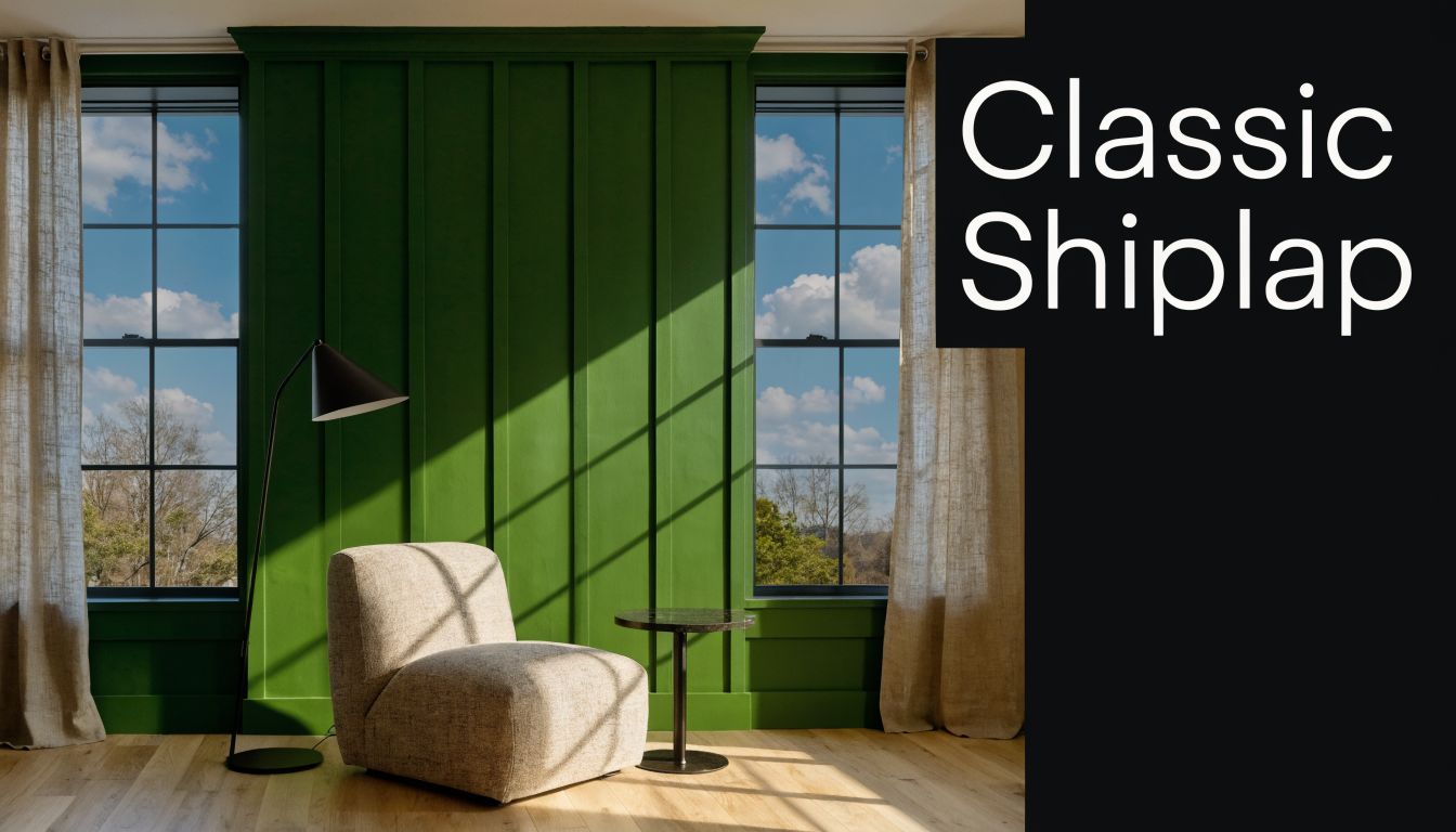 A modern, minimalist room featuring a bold green board and batten wall with natural sunlight streaming in.