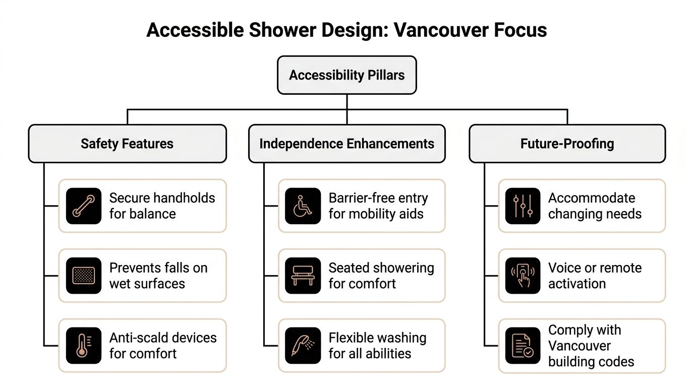 A diagram outlining accessibility pillars for shower design including safety features, independence enhancements, and future-proofing in Vancouver.