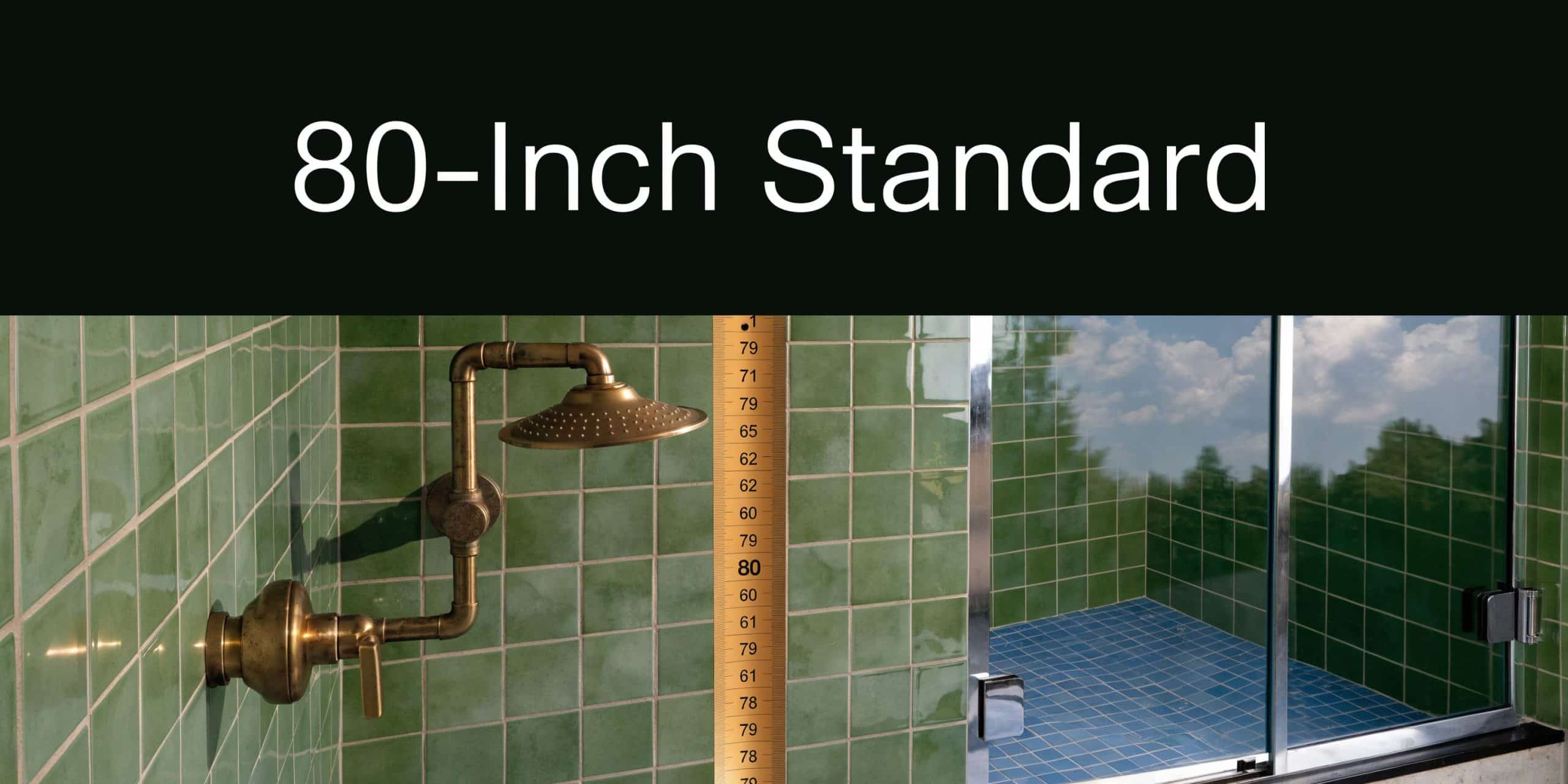 A vintage-style brass shower head installed on green tiled walls next to a height measurement scale.