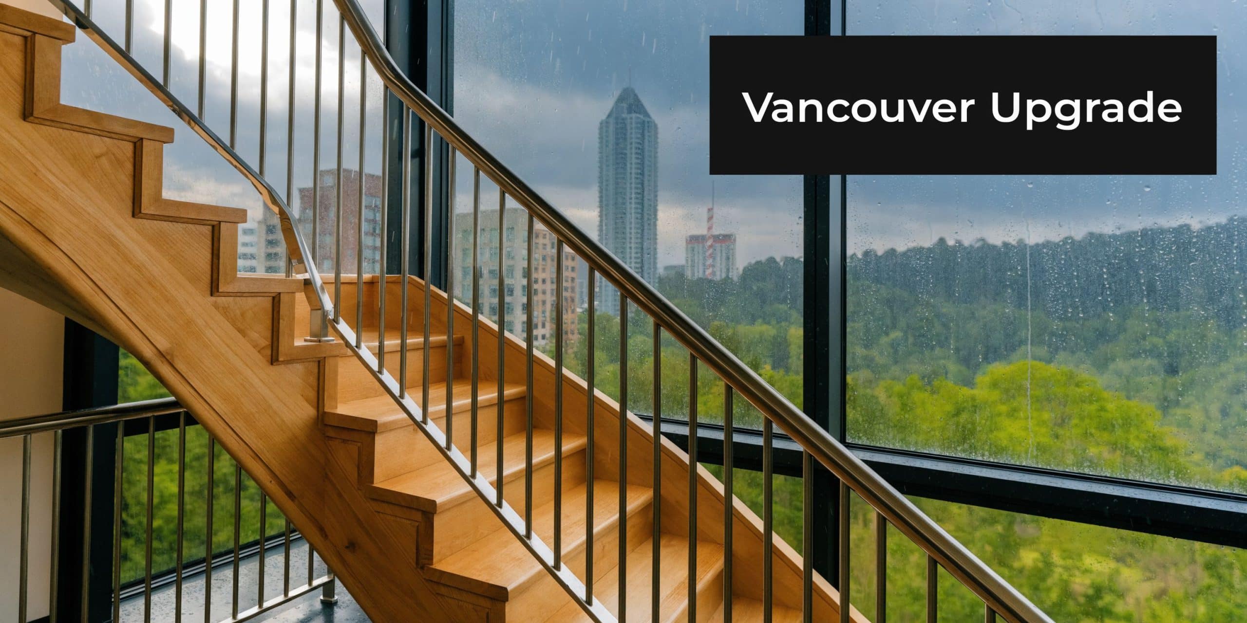 A modern staircase with wooden steps and stainless steel handrails overlooks a rainy cityscape and forest.