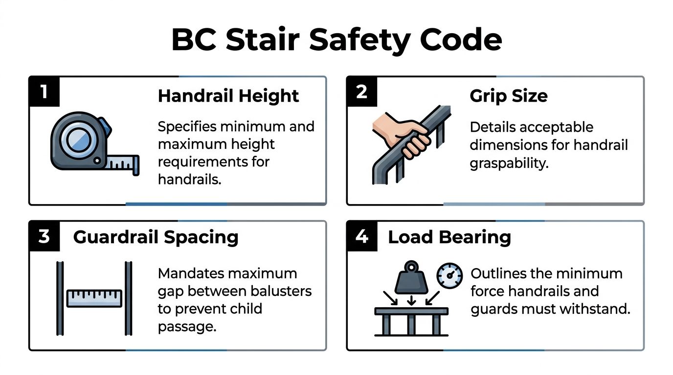 An infographic titled BC Stair Safety Code explaining handrail height, grip size, guardrail spacing, and load bearing.
