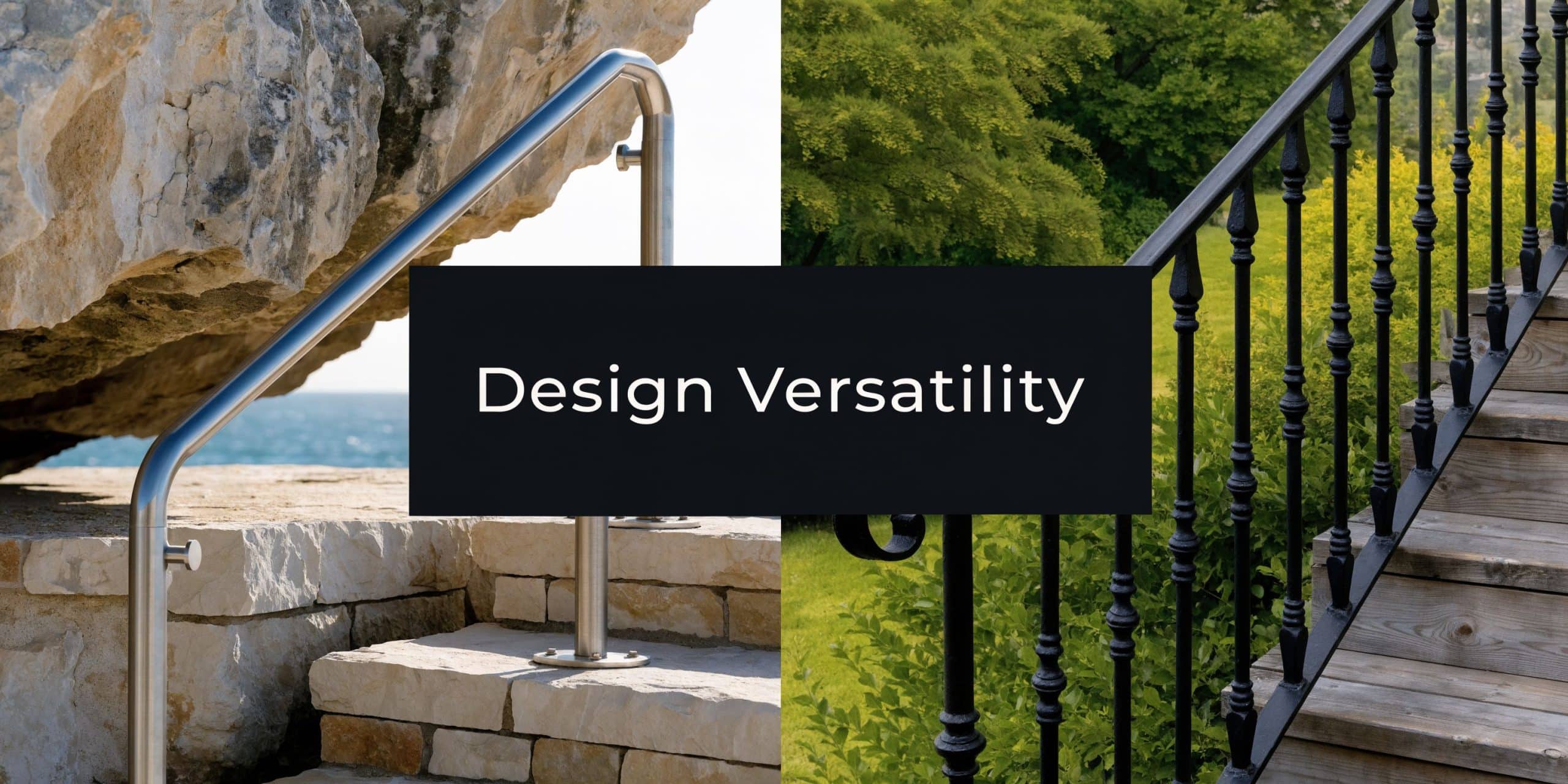 A split screen comparing modern stainless steel handrails with traditional black ornamental iron stair railings.