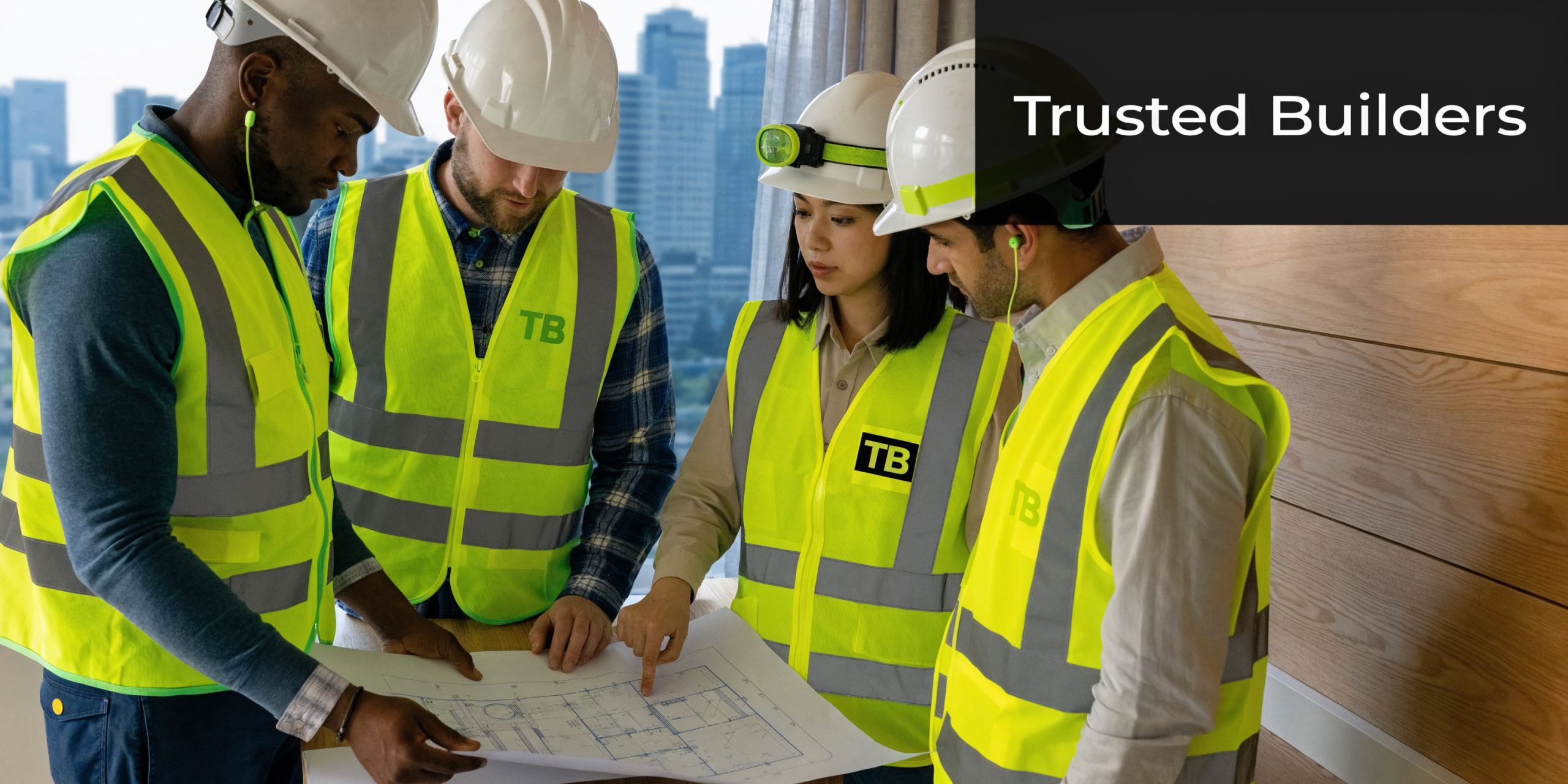 A diverse team of professional builders and architects reviewing construction blueprints in a modern office.