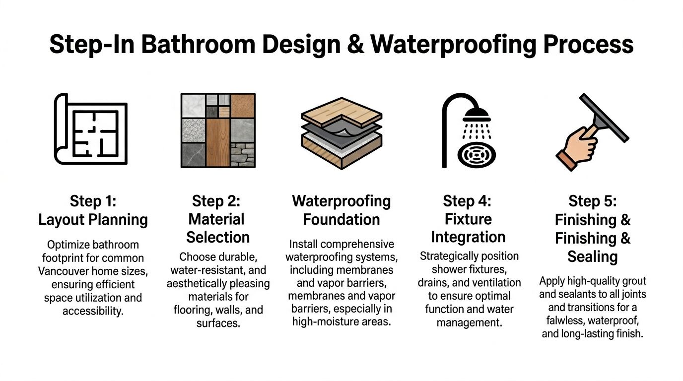 A five-step infographic showing the design and waterproofing process for a step-in bathroom renovation.