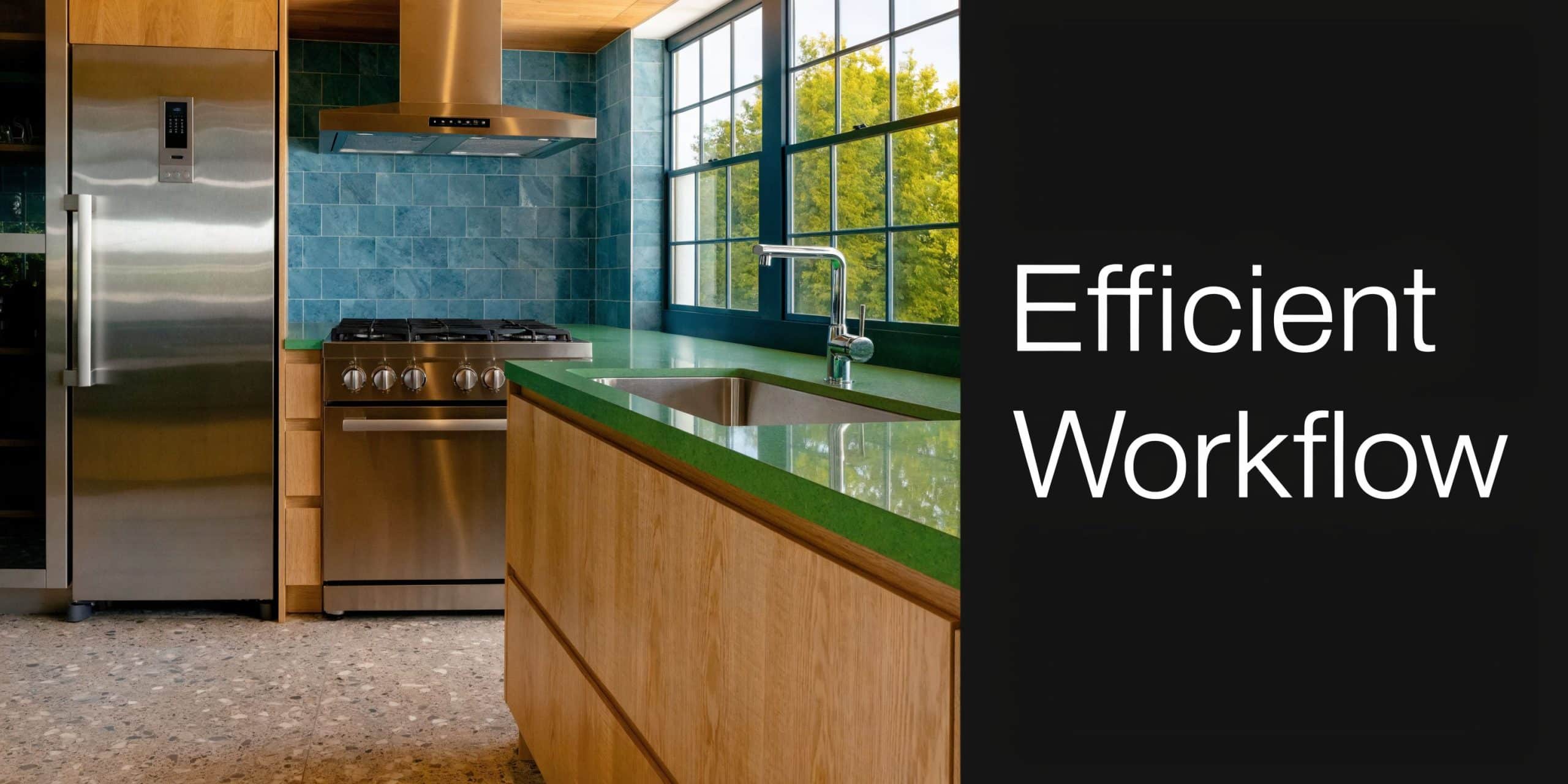 A modern kitchen featuring light wood cabinets, green countertops, blue tiled backsplash, and stainless steel appliances.