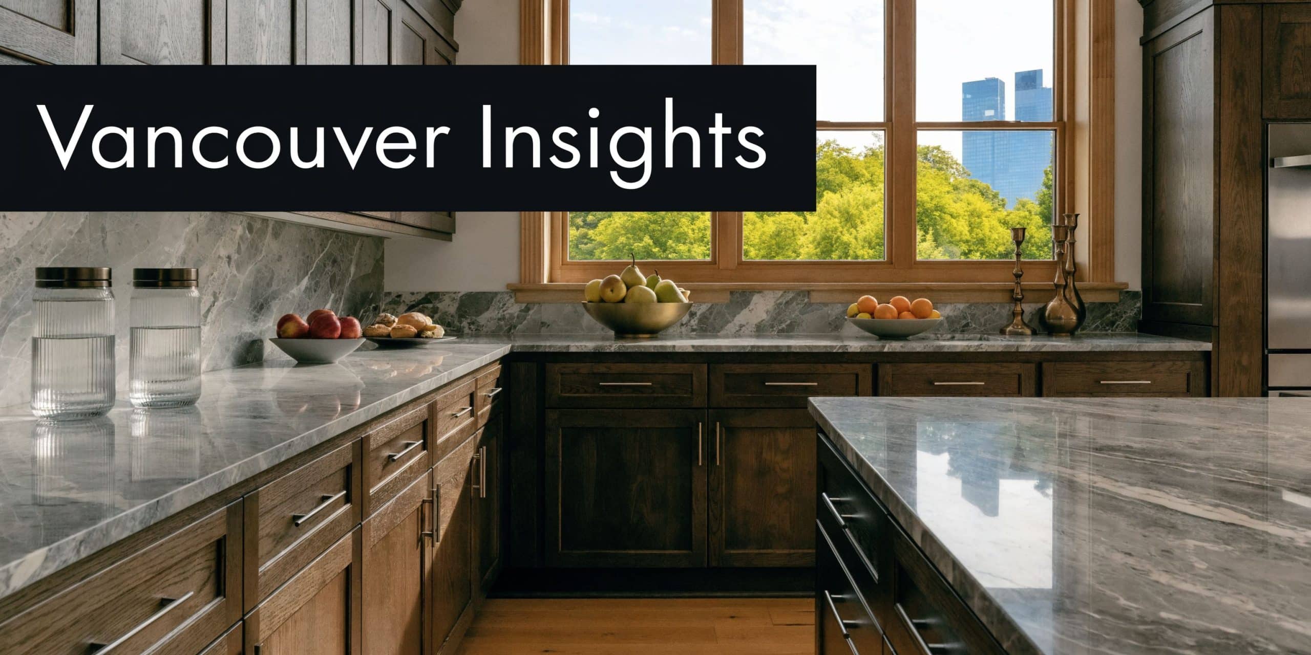 A luxurious U-shaped kitchen with dark wooden cabinets and marble countertops featuring a view of downtown Vancouver.