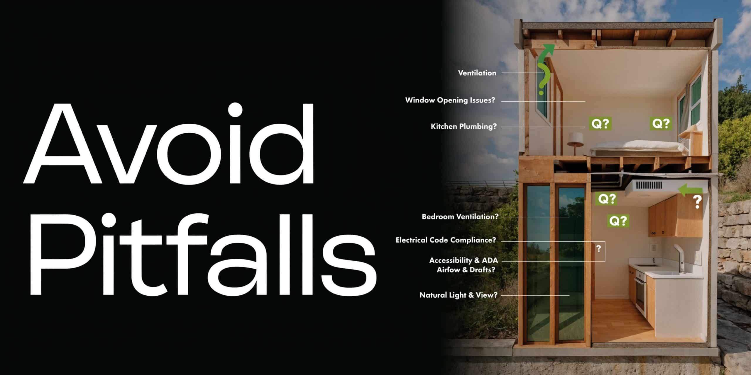 A cutaway illustration of a tiny house highlighting potential construction and design pitfalls in ADU development.