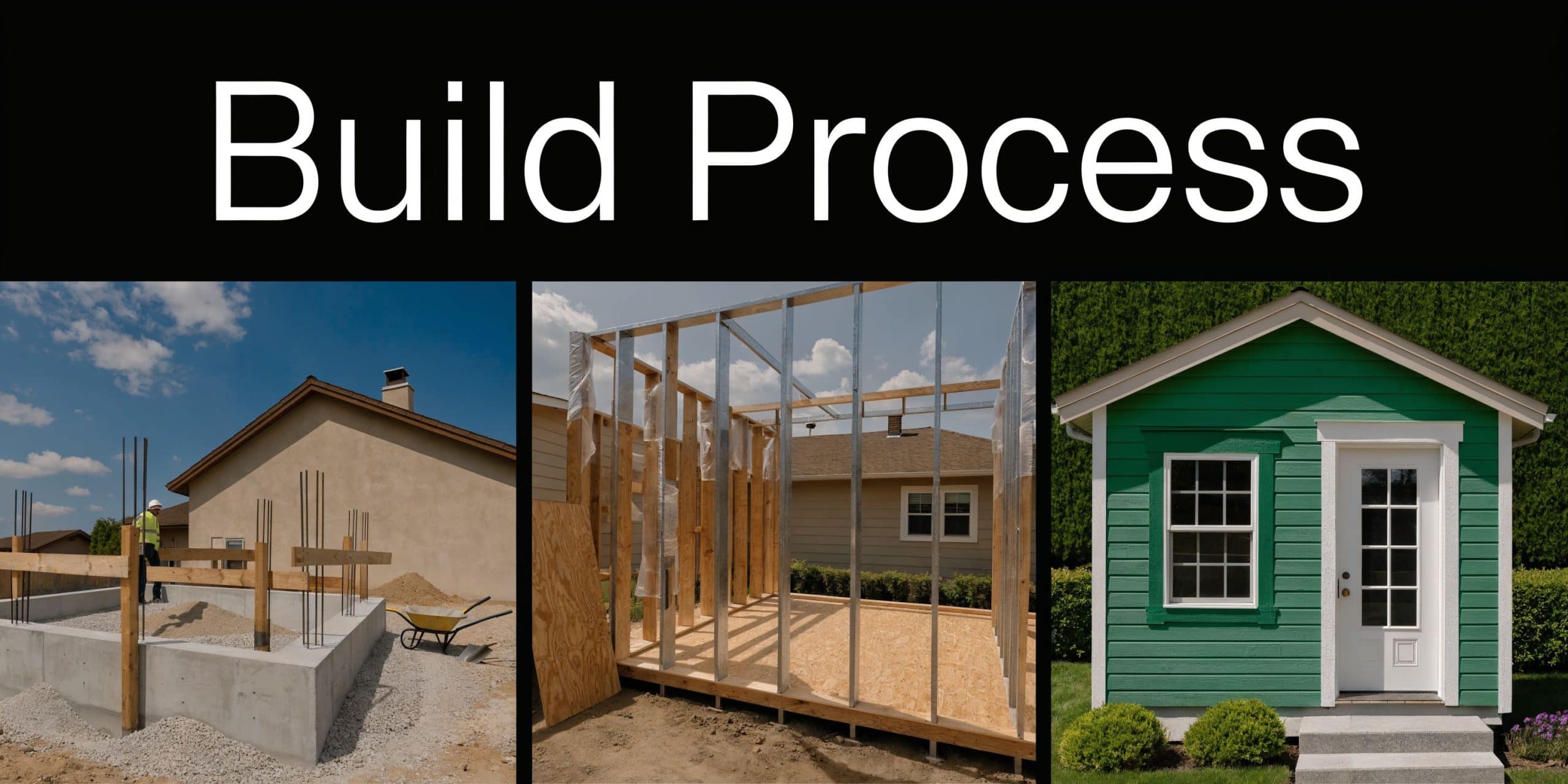 Three stages of building an accessory dwelling unit showing foundation, framing, and the finished green structure.