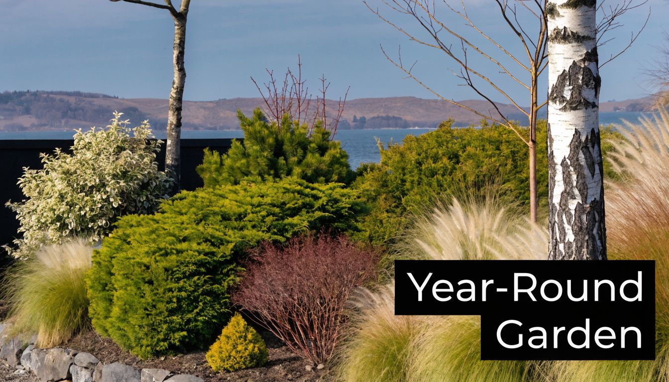 A landscaped garden featuring diverse evergreen shrubs, grasses, and trees against a scenic lakeside mountain backdrop.