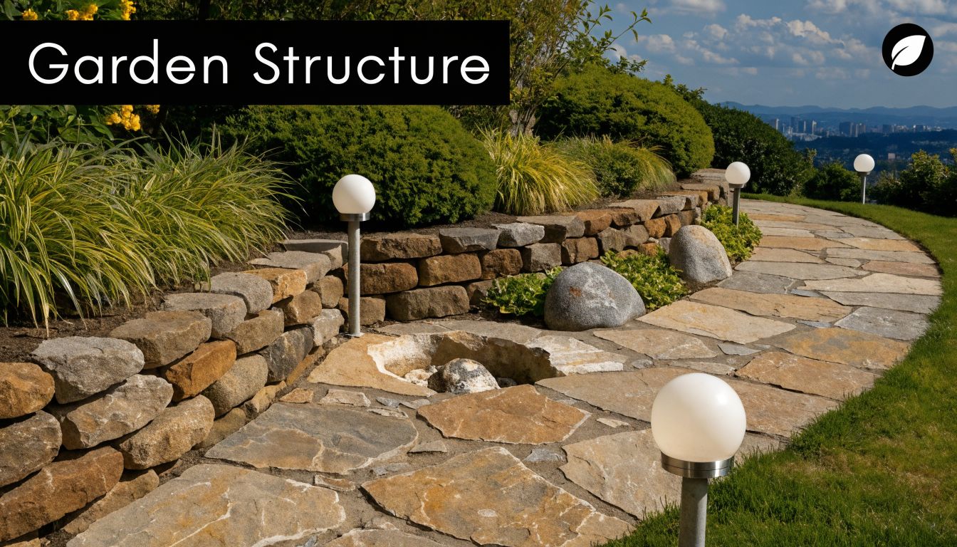 A stone pathway curves through a landscaped garden with a retaining wall and spherical outdoor lighting.
