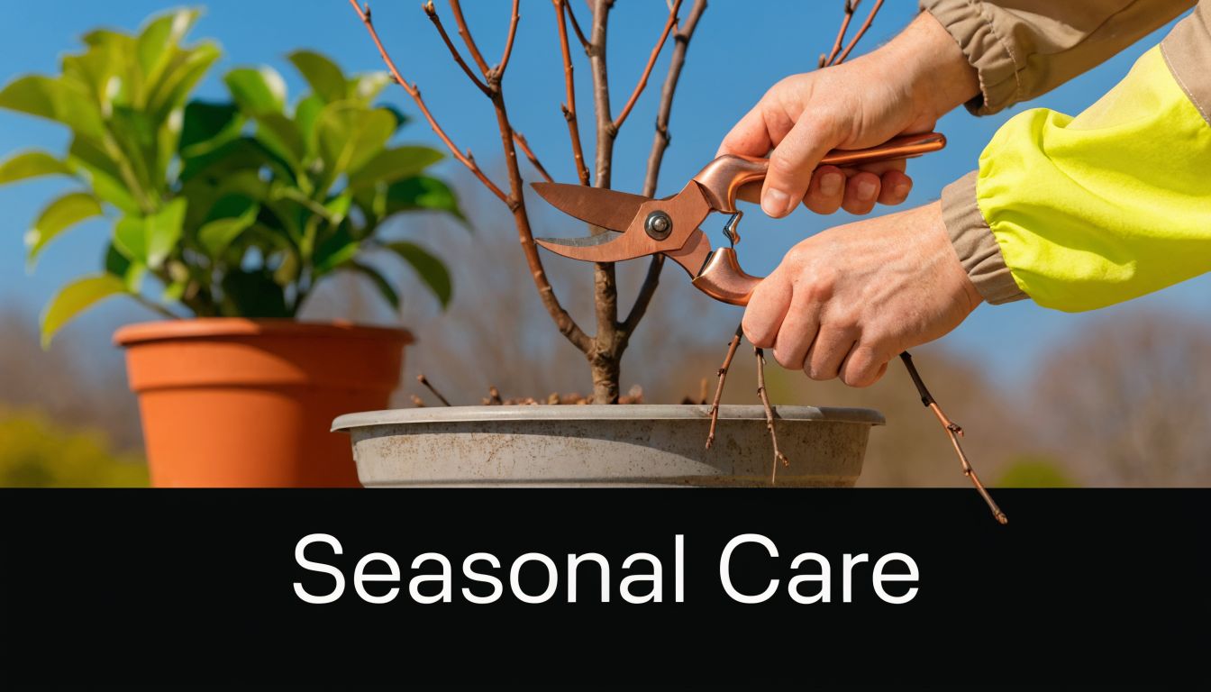 A person wearing a reflective jacket using copper garden shears to prune a dormant potted tree.